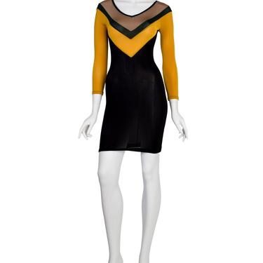 Junior Gaultier Vintage Sporty Beige Green Yellow Black V Stripe Stretch Body Con Mini Dress