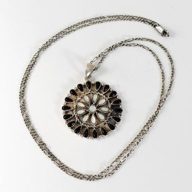 Big 80's 925 silver onyx Mother of Pearl hippie flower shield pendant, Southwestern satin sterling black &amp; white stones necklace 