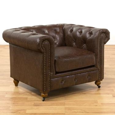 Tufted Leather Look Studded Chesterfield Armchair