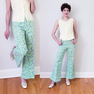 1960s Lilly Pulitzer Cotton Print Pants Bell Bottoms / 60s Designer Green Blue White Butterfly Pattern Summer Pants Flares / The Lilly / Med 