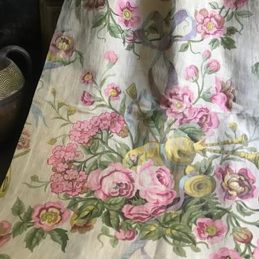 19th C French Linen Floral Drapery Panels, Chateau Decor, Historical Textiles, Sewing Period Projects 