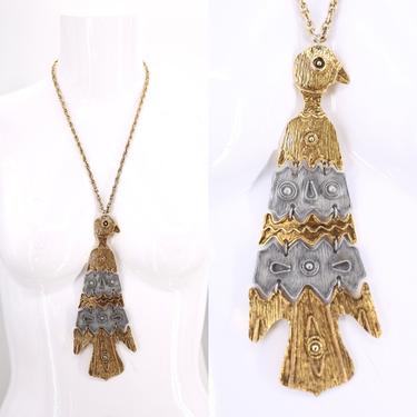 70s HUGE bird pendant necklace / vintage 1970s silver gold Phoenix statement necklace 60s 