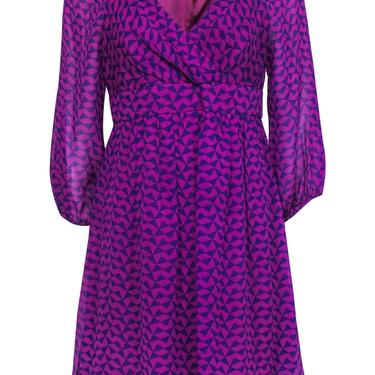 Shoshanna - Purple Geometric Empire Waist Dress w/ Puff Sleeves Sz 8