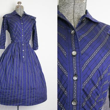1950s Navy Striped Cotton Shirtwaist Dress / Size Medium 