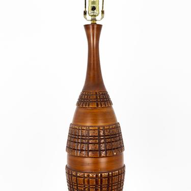 Mid Century Brutalist Ceramic & Wood Table Lamp - mcm 