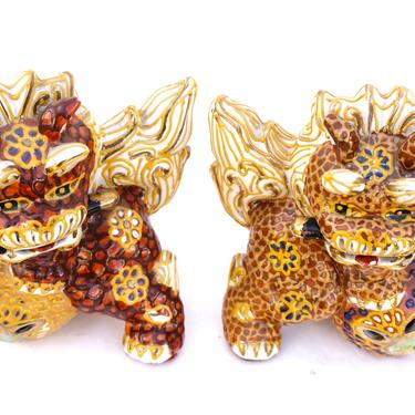 Vintage Japanese Satsuma Porcelain Foo Dogs | Vibrant Gold Gilt Chinoiserie Protection Figurines | Shishi Lions 