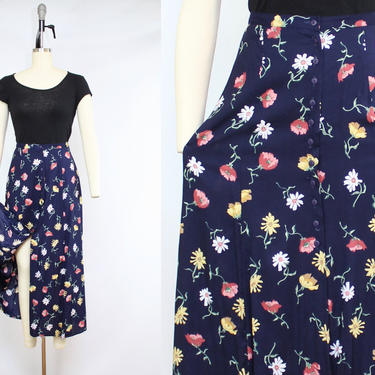 Vintage 90's Dark Blue Floral Midi Skirt / 1990's Rayon Button Front Skirt / Summer / Women's Size Small - Medium by Ru
