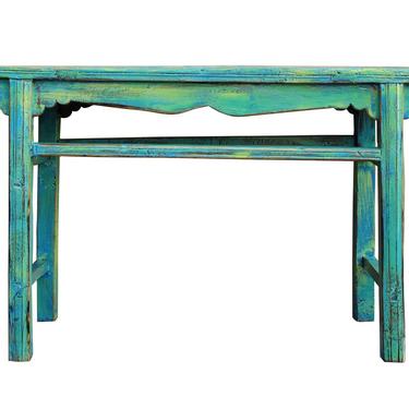 Chinese Rustic Rough Wood Distressed Blue Green Side Table cs2511E 