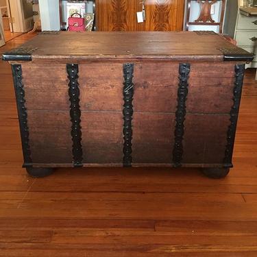 1800's Swedish trunk with decorative metal accents. Locking lid; includes original key. $625. Perfect multi-tasking piece: coffee table and storage. Painted interior with small built-in shelf. Excellent condition. Approx. 43.5"W