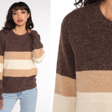Brown Striped Sweater Cream Sweater 80s Knit Sweater Slouchy Pullover Jumper 1980s Vintage Retro Stripes Medium 