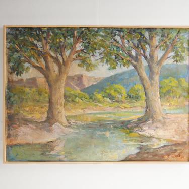 Vintage Tree and River Landscape Oil Painting by American Painter Clarence Kincaid Sr., Framed 24" x 18" Landscape Painting 