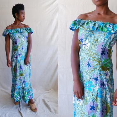 Vintage 70s Off The Shoulder Cotton Maxi Dress/ 1970s Hawaiian Ruffle Tiki Gown/ Size Medium 