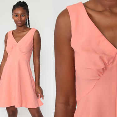Pink Babydoll Dress 1970s Mod Mini Dress 70s Deep V Neck Dress Party Empire Waist Dress Pink Vintage Sleeveless Plain Small 