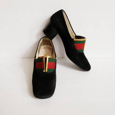 1960s Gucci Shoes Black Suede Leather / 60s Designer Chunky Heel Pumps Striped Canvas Gold Trim Iconic / 6 