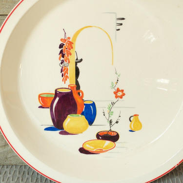 Vintage Paden City Pottery Pie Plate, Deep Serving Plate, Yellow, Blue, Orange, Purple Pot Pots, Southwest, Red Trim, Mid Century Dinnerware 