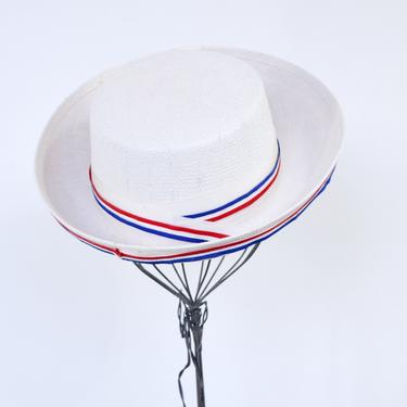 1950s White Boater Hat | 50s White Woven Straw Hat 