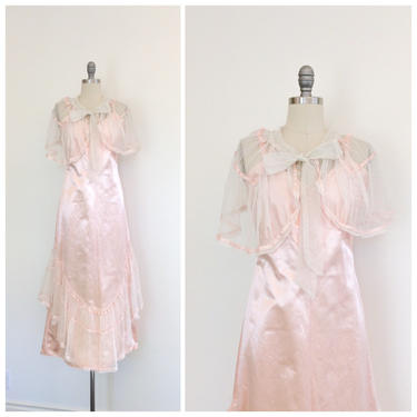 30s Pink Netted and Satin Floor Length Dress Cape Set / 1930s Vintage Gown / Medium / Size 8 to 10 