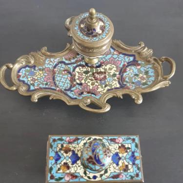19th Century French Champleve Enameled Inkwell Tray & Blotter Desk Set / Writing Accessories 