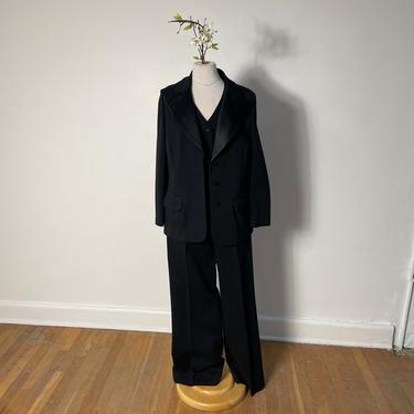 Vintage 1990s 2000s 90s Black 3 Piece Suit Set Tuxedo Blazer with Silk Lapel with Vest and Wide Leg Pants 