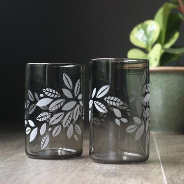 Hand Blown Iced Tea Glass Etched Leaves - 18oz Pint Glassware Tumbler 