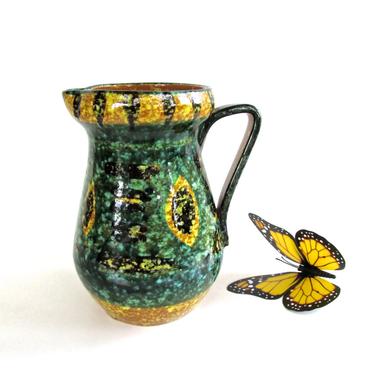 Mid Century Modern Pottery Pitcher From Italy, Eames Era Itallian Green and Yellow Decorative Vase 