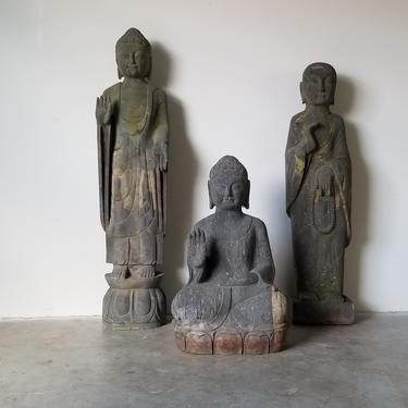 Vintage Outdoor Decor Chinese Carved Stone Buddha Statues - Set of 3 