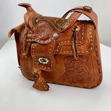 Unusual &amp; Rare 1950'S Leather Saddle Shoulderbag - Hand Tooled - Western Styling - Well Detailed 