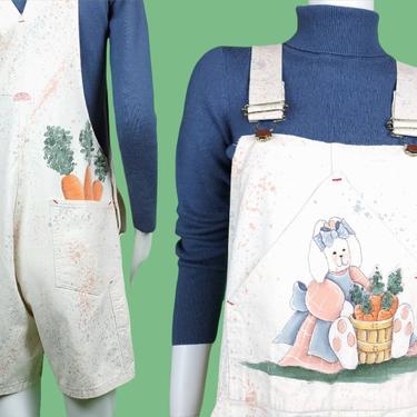 70s/80s bunny wabbit overalls. Shortalls. Short overalls. Handpainted. Kawaii. Vintage. Cottage core. Easter. (Size S M L) 
