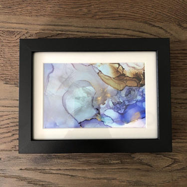Original Alcohol Ink Art- blue and brown abstract, matted with black frame 