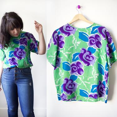 Vintage 80s Green and Purple Floral Silk Short Sleeve Blouse Medium 