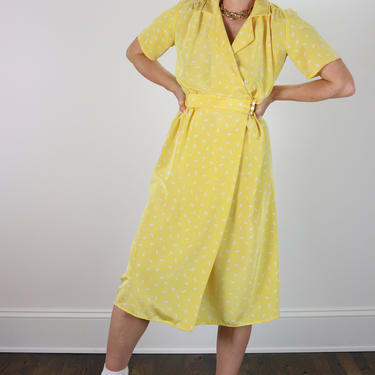 Vintage Yellow Dress / Short Sleeve Wrap Midi / 80's LAINE USA Tea Dress / Small 