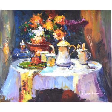 Vintage Impressionist Oil Painting Floral Bouquet and Tea Service 