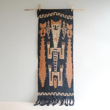 Vintage Ikat Runner or Wall Hanging Textile from Timor with Naga Snake Motif, Blue and Peach Ikat Cotton Fabric 