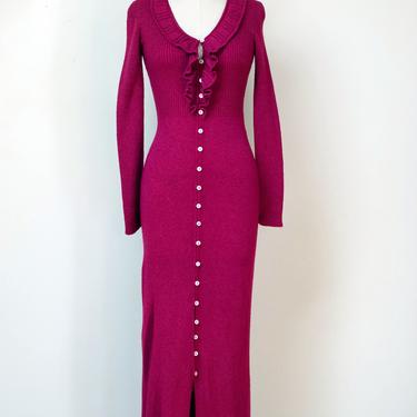 1970s Raspberry Knit Maxi Dress / 70s Long Sleeve Sweater Dress 