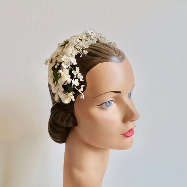 Vintage 1950's White Velvet Floral Fascinator Headband Hat Forget Me Nots Leaves Bridal Wedding Rockabilly 50's Millinery Hair Accessories 