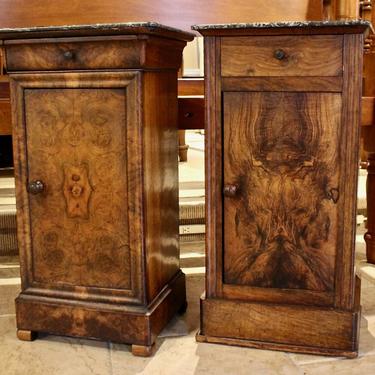 Pair of One Drawer End Tables in Walnut with Black Marble Tops. French, late 19th Century