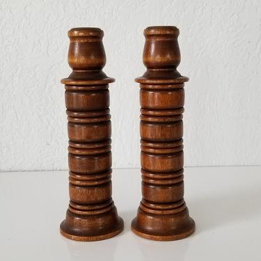 Mid-Century Turned Wood Candle Holders - a Pair . 