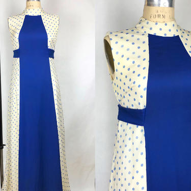 Vintage 1970s Blue &amp; White Polka Dot Chiffon Dress, Vintage Chiffon Gown, 70s Prom, Vintage Formal Wear, Vintage Wedding, Size Small by Mo