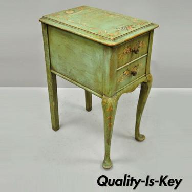 Antique French Adams Style Green Floral Shabby Distress Painted Chic Nightstand