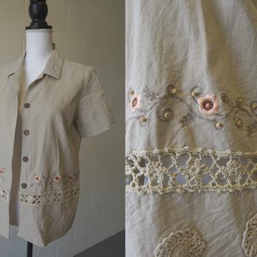 Vintage Linen Top with Crochet Details | Floral details & coconut buttons | Color Tan | Size 8 