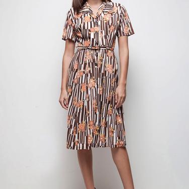 vintage 70s belted shirtdress brown orange floral stripes MEDIUM M short sleeves 