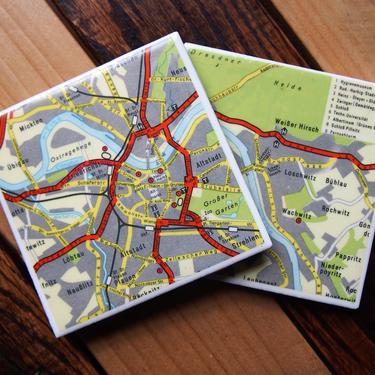 1971 Dresden Germany Map Coasters Set of 2. Vintage City Map. Dresden Gift. Germany Travel Décor. European Travel Gift. German History Gift. 