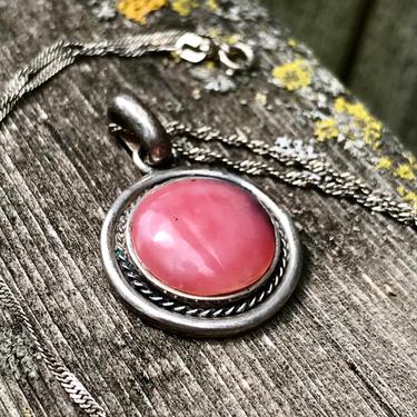 Vintage Sterling Rhodonite Pendant 950 Silver On 925 Twisted Chain 90s 1990s Fashion Healing Jewelry Love Balance Grounding 
