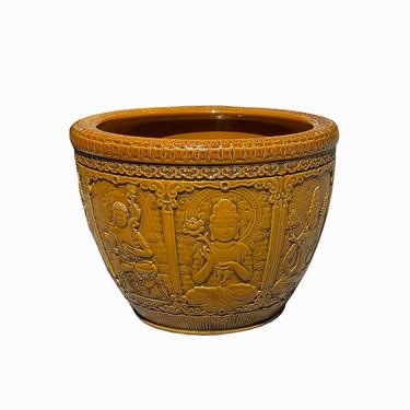 Chinese Ceramic Buddhas Relief Motif Yellow Brown Color Pot Planter ws1395E 