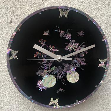 Small Round Asian Shell Inlay Black Lacquer Clock with Butterflies 