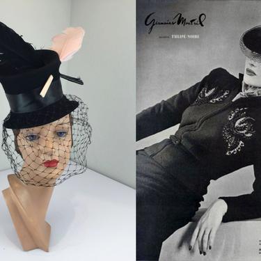 She Leaned Away - Vintage 1940s Outrageous Black Felt Tall Stove Top Hat w/Pink &amp; Black Feathers Veil 