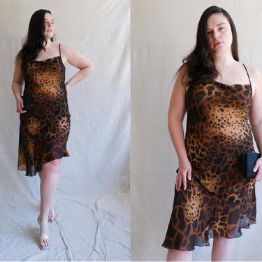 Vintage Animal Print Bias Cut Slip Dress/ 1990s Asymmetrical Ruffle Hem Cowl Neck Tank Dress/ Size Large 
