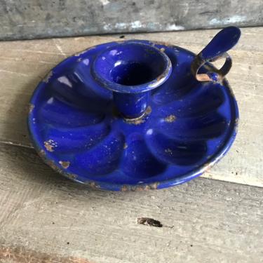 French Enamel Candlestick, Cobalt Blue, Chamber Candle, Chippy, French Farmhouse 