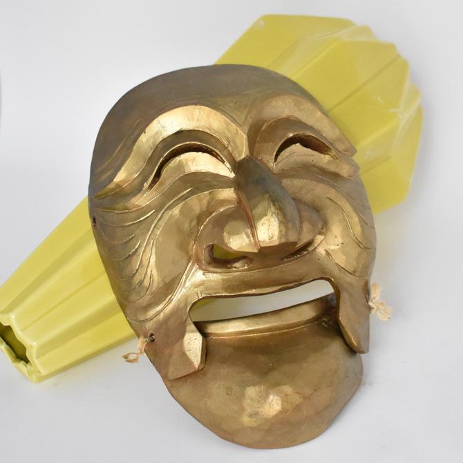 Korean Wood Mask Two Part Hinged Theater | Asian Mask Wall Hanging | Hahoetal Mask | Twine Lashed Movable Mouth Mask | Gold Paint 