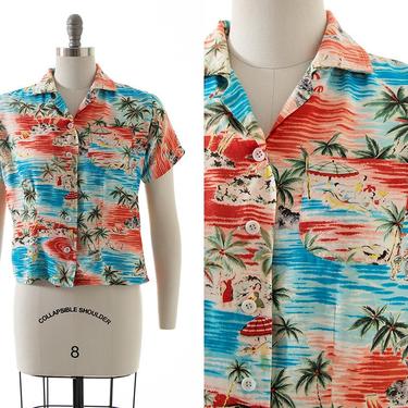 Vintage 1940s Blouse | 40s Rayon Hawaiian Novelty Print Hula Aloha Button Up Short Sleeve Red Palm Tree Tropical Summer Top (small/medium) 